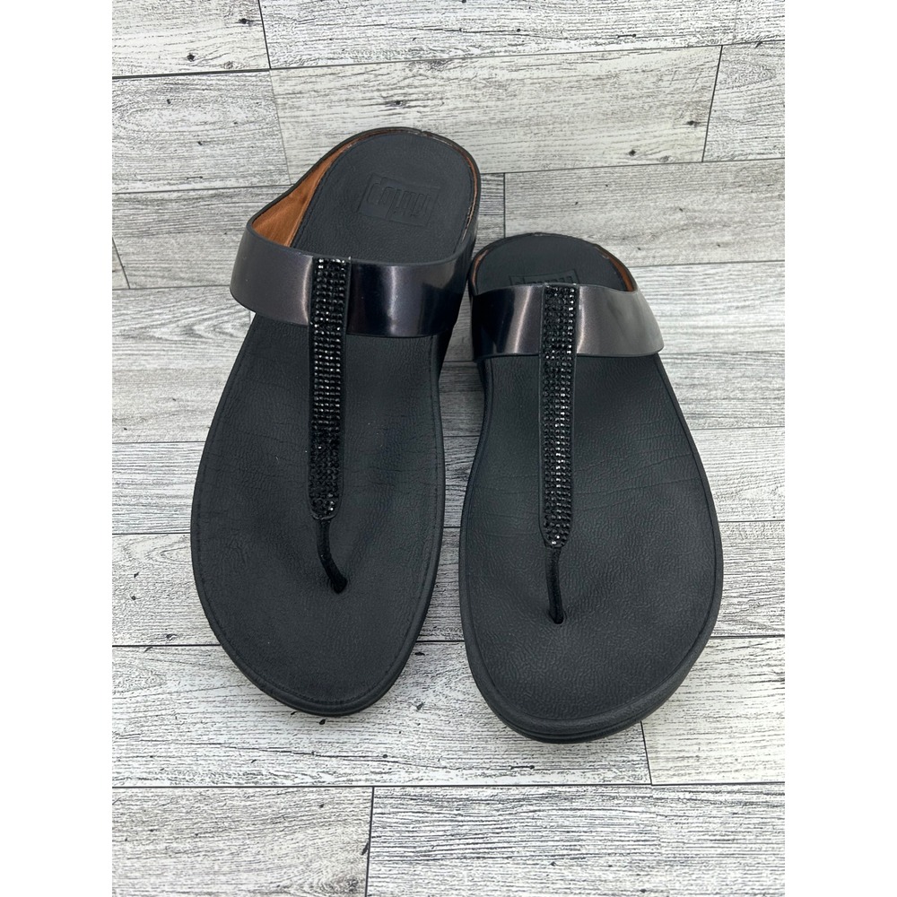 FitFlop Novy Black Crystal Embellished Microwobbleboard Thong Sandals Women Sz 8